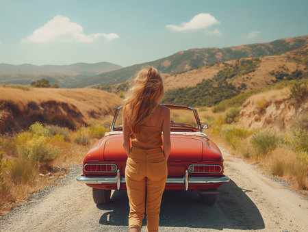 Young woman on the road with retro car. Travel and adventure concept.の素材
