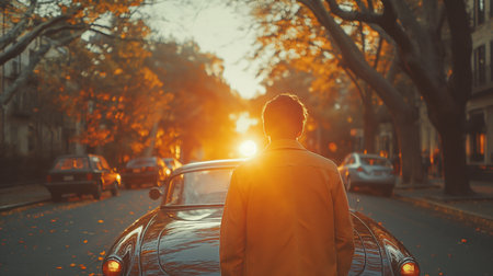 Young man in a coat on the street with a retro car.の素材
