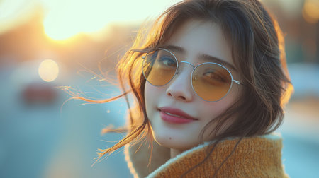 Portrait of a beautiful young woman in yellow coat and sunglasses.の素材