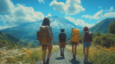 Group of friends with backpacks hiking on the trail in the mountainsの素材