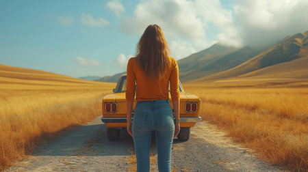 Young woman standing on the road in the field with her car.の素材