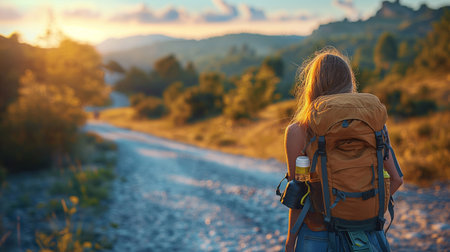 A young woman with a backpack is hiking in the mountains at sunset.の素材