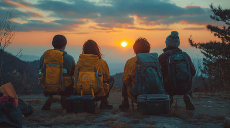 Back view of group of hikers with backpacks looking at sunset on the mountainの素材