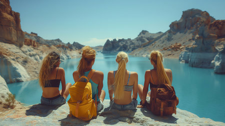 Group of girls sitting on the edge of a cliff and looking at the blue lake.の素材