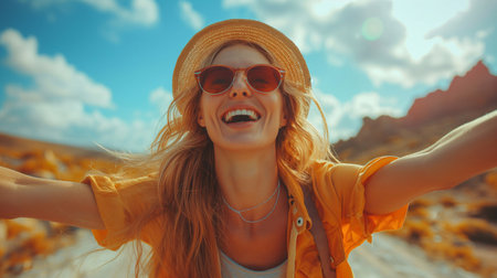 Portrait of a happy young woman in sunglasses and a straw hat on a background of mountainsの素材