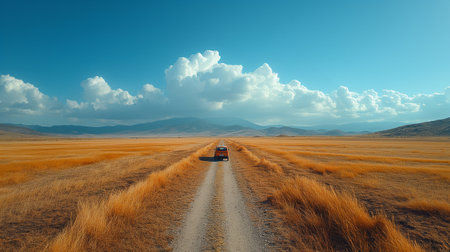 Old car on the steppe.  A car driving through the grasslandsの素材