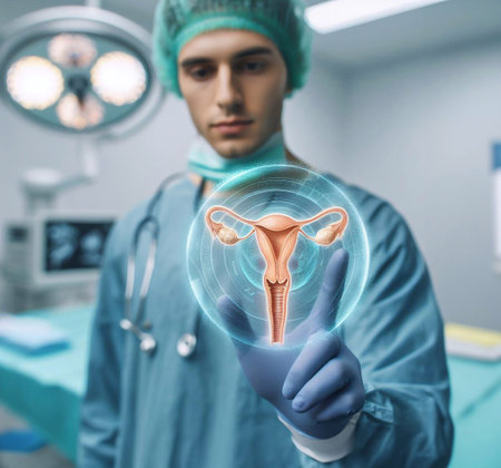 Doctor in operating room and reproductive system graphic hologram technology generative aiの素材