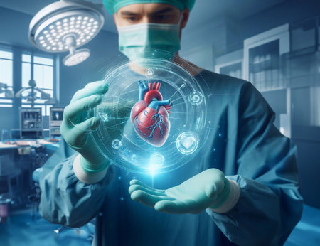 Doctor in operating room and heart system graphic hologram technology generative aiの素材