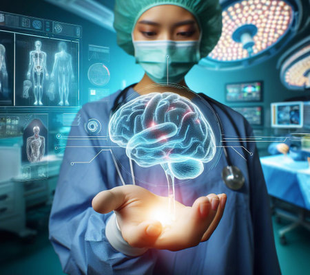 Doctor in operating room and brain system graphic hologram technology generative aiの素材