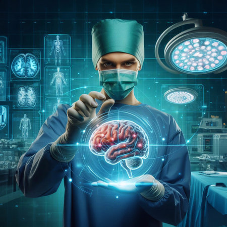 Doctor in operating room and brain system graphic hologram technology generative aiの素材
