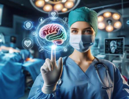 Doctor in operating room and brain system graphic hologram technology generative aiの素材