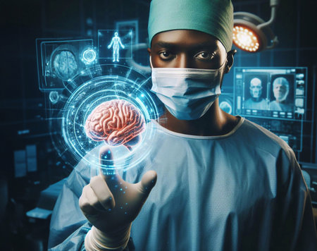 Doctor in operating room and brain system graphic hologram technology generative aiの素材