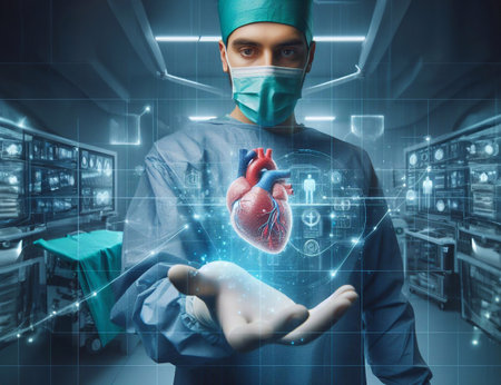 Doctor in operating room and heart system graphic hologram technology generative aiの素材
