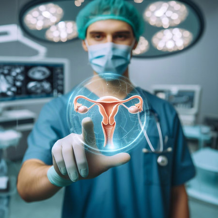 Doctor in operating room and reproductive system graphic hologram technology generative aiの素材