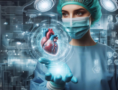Doctor in operating room and heart system graphic hologram technology generative aiの素材