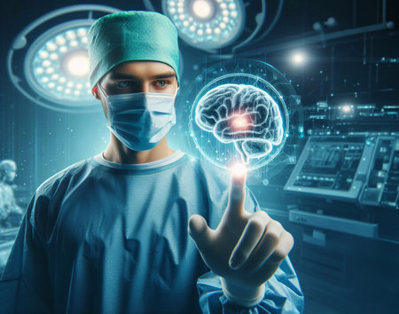 Doctor in operating room and brain system graphic hologram technology generative aiの素材