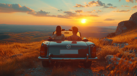 Young couple in a convertible car on the top of the mountain at sunsetの素材
