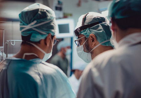 Group of surgeons at work in operating theater toned in green colorの素材