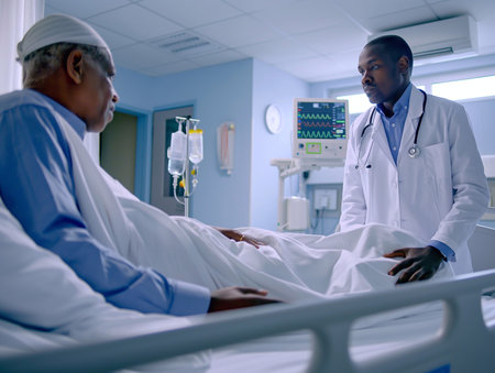 African american doctor talking to senior patient in hospital ward. Doctor and patient discussing something while sitting in bed. Medicine and healthcare conceptの素材