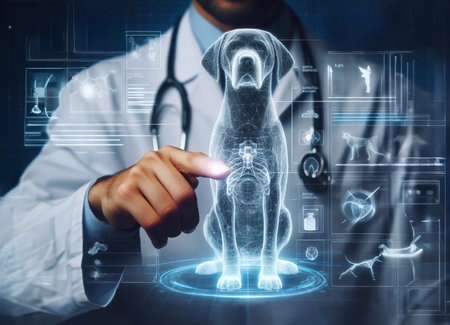 veterinarian,doctor, hand using hologram graphics ,cat,dog.generative aiの素材