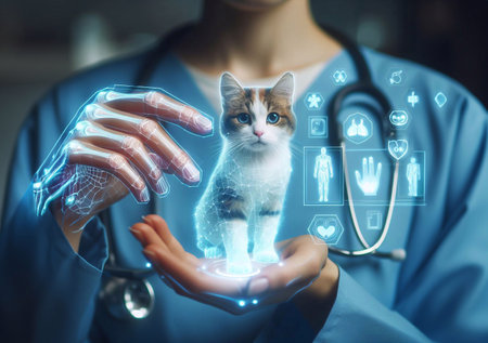veterinarian,doctor, hand using hologram graphics ,cat,dog.generative aiの素材