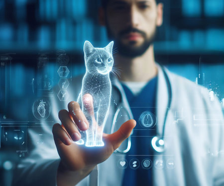 veterinarian,doctor, hand using hologram graphics ,cat,dog.generative aiの素材