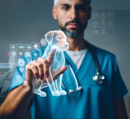 veterinarian,doctor, hand using hologram graphics ,cat,dog.generative aiの素材