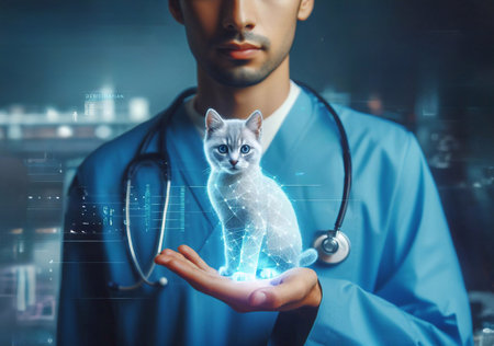 veterinarian,doctor, hand using hologram graphics ,cat,dog.generative aiの素材