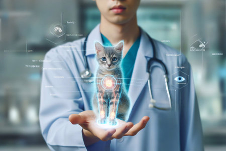 veterinarian,doctor, hand using hologram graphics ,cat,dog.generative aiの素材