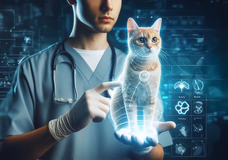 veterinarian,doctor, hand using hologram graphics ,cat,dog.generative aiの素材