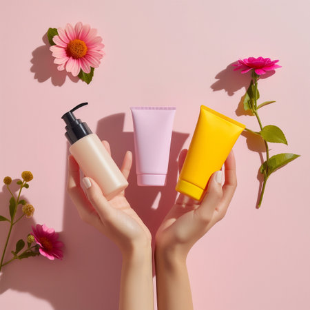 Women hand models and  products Cosmetics, beautiful pastel background generative ai artの素材