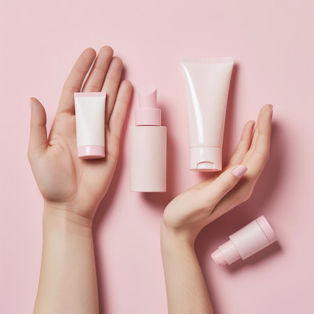 Women hand models and  products Cosmetics, beautiful pastel background generative ai artの素材