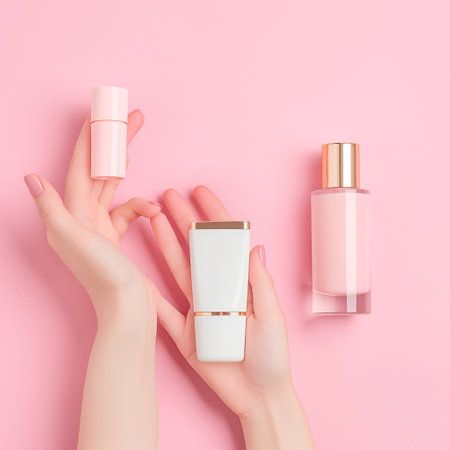Women hand models and  products Cosmetics, beautiful pastel background generative ai artの素材