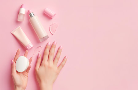 Women hand models and  products Cosmetics, beautiful pastel background generative ai artの素材