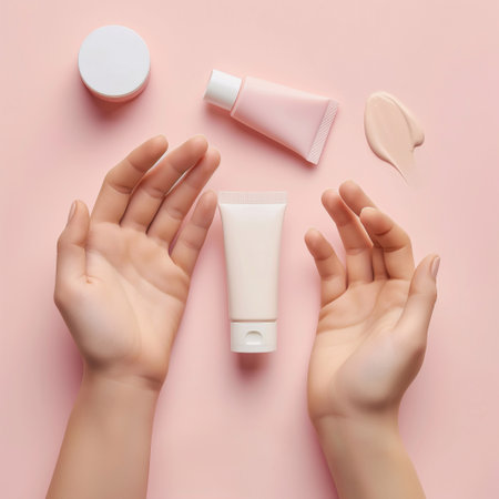 Women hand models and  products Cosmetics, beautiful pastel background generative ai artの素材