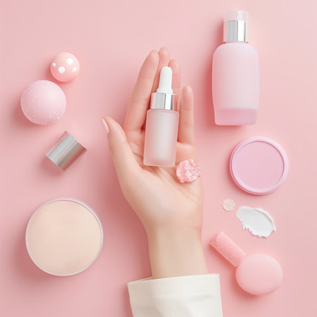 Women hand models and  products Cosmetics, beautiful pastel background generative ai artの素材