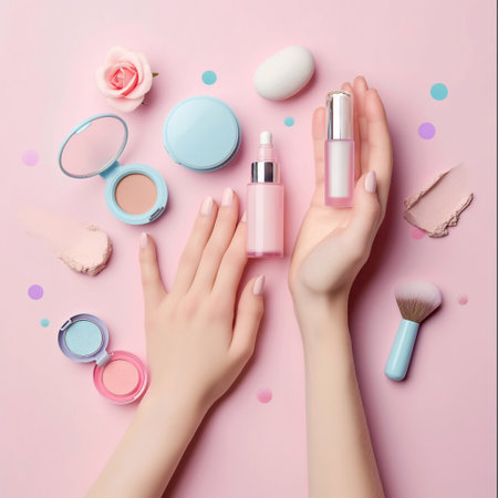 Women hand models and  products Cosmetics, beautiful pastel background generative ai artの素材