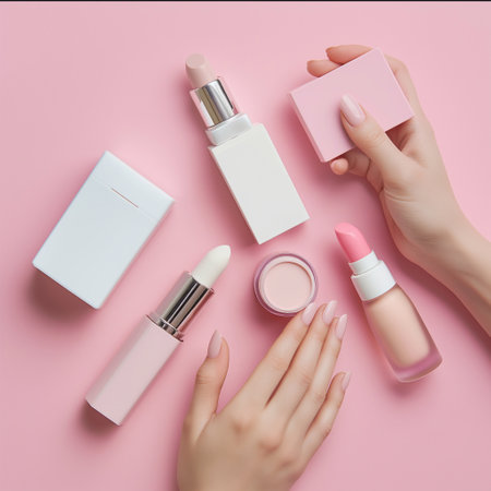 Women hand models and  products Cosmetics, beautiful pastel background generative ai artの素材