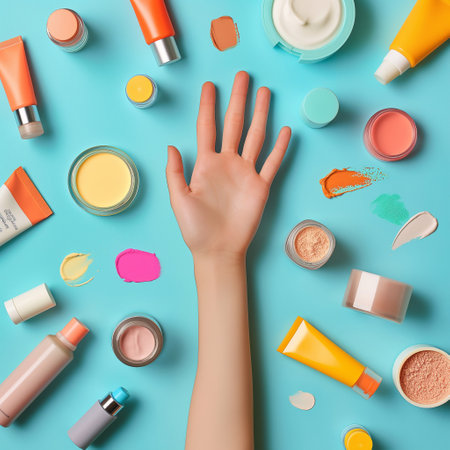 Women hand models and  products Cosmetics, beautiful pastel background generative ai artの素材