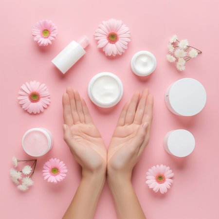 Women hand models and  products Cosmetics, beautiful pastel background generative ai artの素材