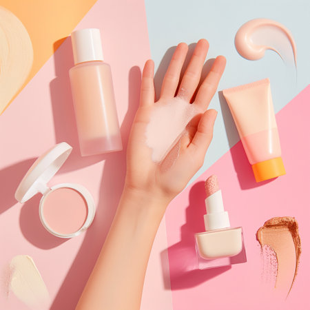 Women hand models and  products Cosmetics, beautiful pastel background generative ai artの素材