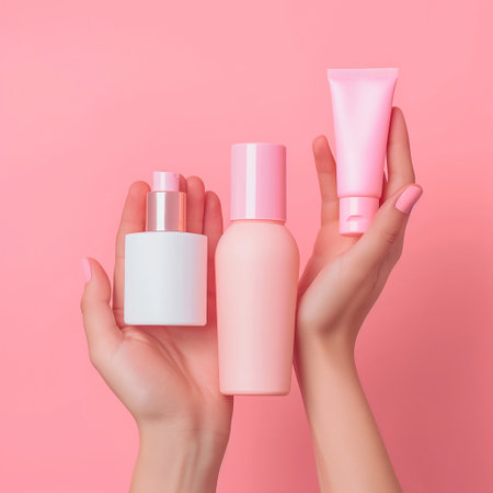 Women hand models and  products Cosmetics, beautiful pastel background generative ai artの素材