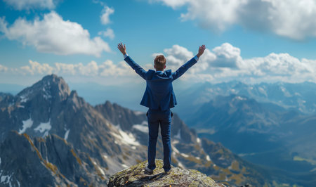 Back view of young man with raised hands standing on top of a mountainの素材
