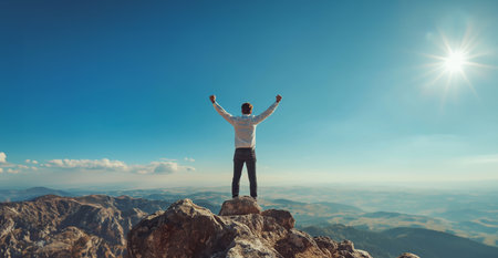 Successful businessman standing on top of a mountain and raising hands upの素材