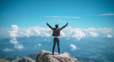Man standing on top of a mountain with arms raised against blue sky with cloudsの素材