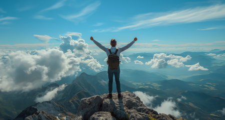 Cheering Businessman open arms on top of a mountain peakの素材