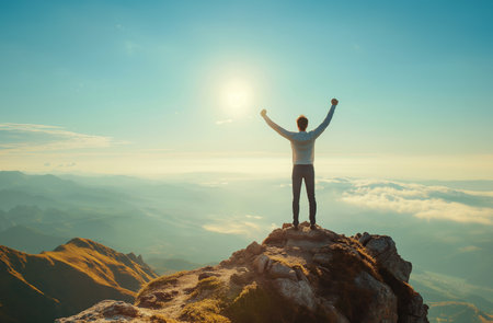Silhouette of a happy man standing on top of a mountain and raising his hands in the airの素材