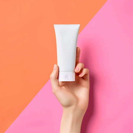 Beautiful hand with product mockup on a flat color background. generative aiの素材