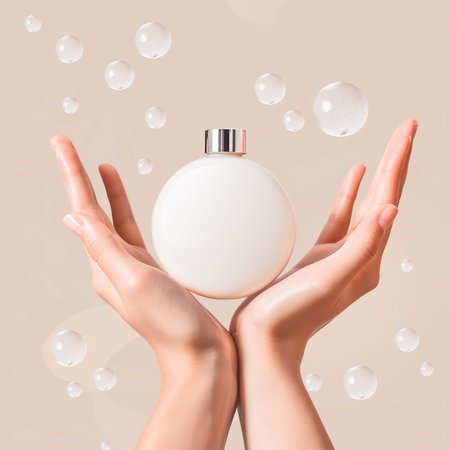 Beautiful hand with product mockup on a flat color background. generative aiの素材