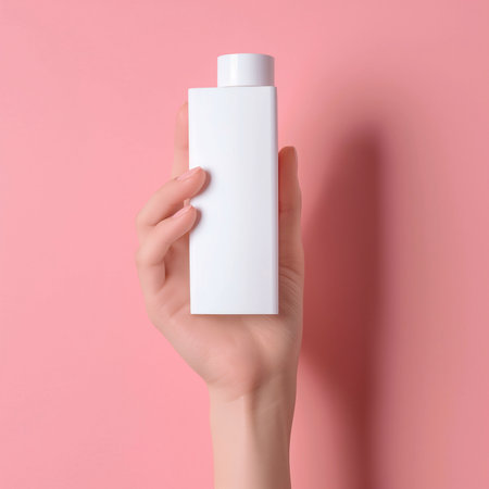 Beautiful hand with product mockup on a flat color background. generative aiの素材